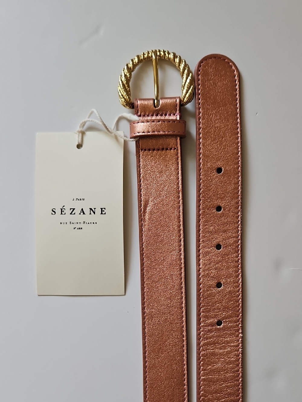 Sezane NWT Thelma Leather Belt Champagne Goldtone Hardware Made Italy
